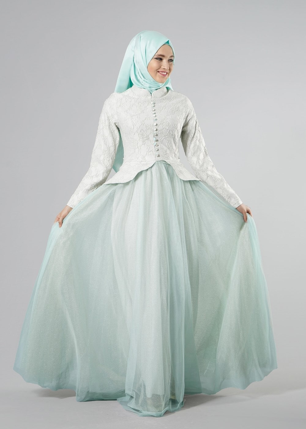 Tesettür giyim YEŞİL SİMLİ TÜL ABİYE ELBİSE 7068 