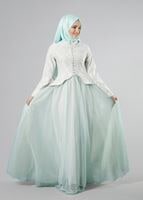 Tesettür giyim YEŞİL SİMLİ TÜL ABİYE ELBİSE 7068 