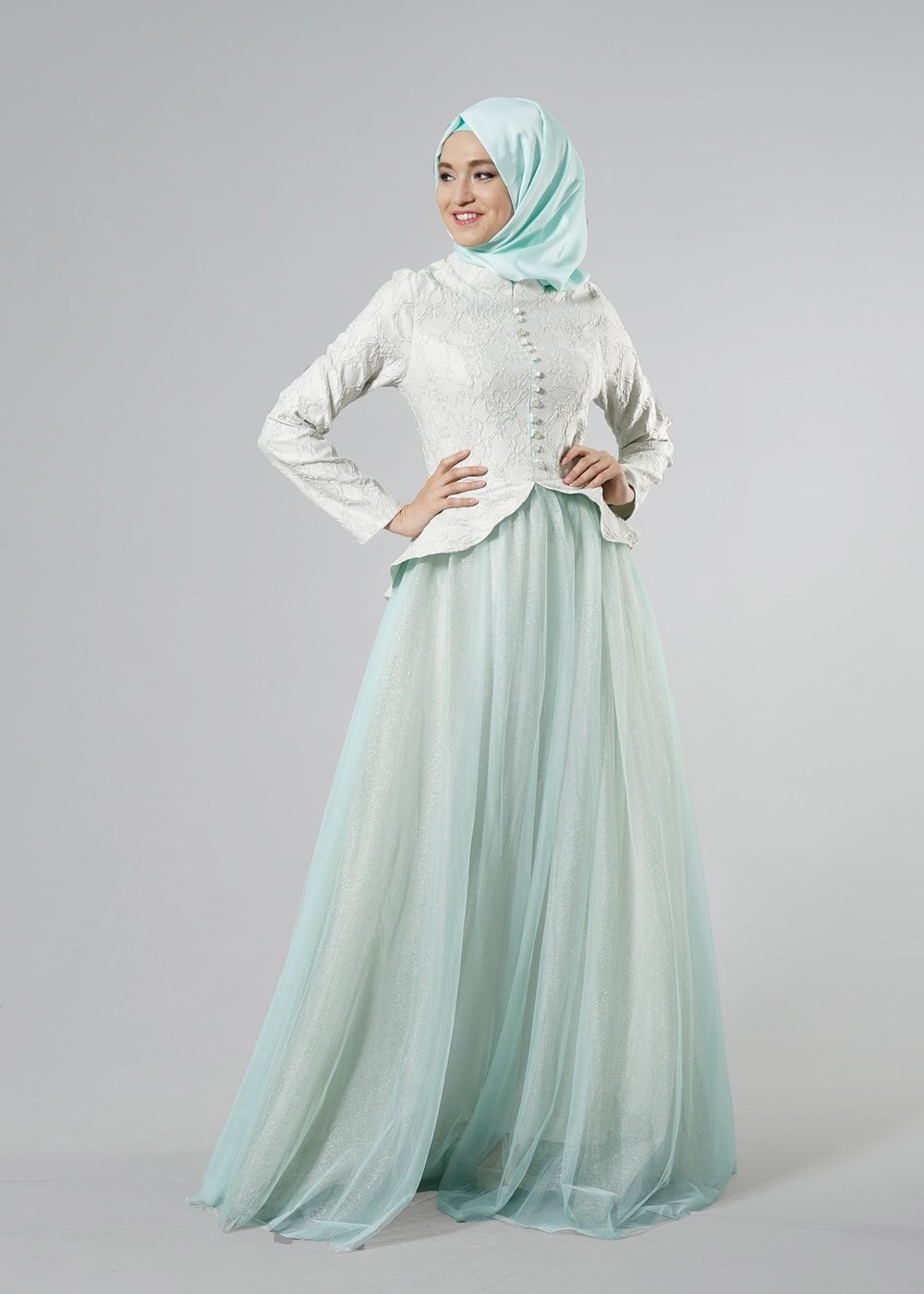 Tesettür giyim YEŞİL SİMLİ TÜL ABİYE ELBİSE 7068 
