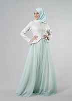 Tesettür giyim YEŞİL SİMLİ TÜL ABİYE ELBİSE 7068 