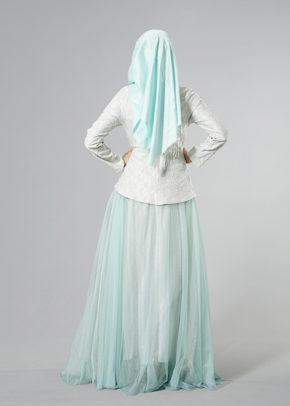 Tesettür giyim YEŞİL SİMLİ TÜL ABİYE ELBİSE 7068 