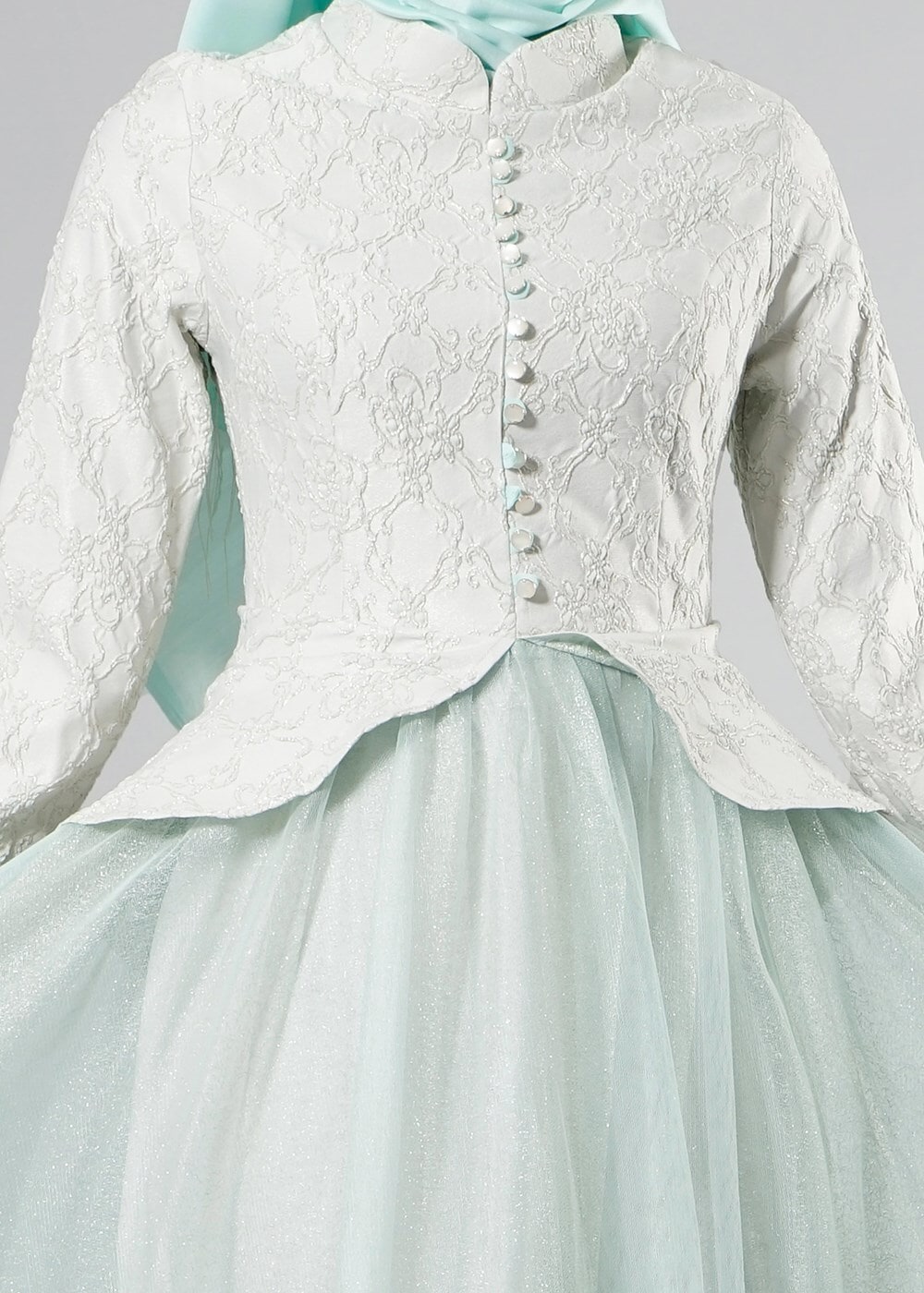 Tesettür giyim YEŞİL SİMLİ TÜL ABİYE ELBİSE 7068 