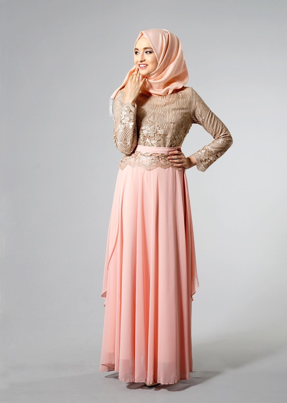 Tesettür giyim PUDRA SİMLİ DANTEL ABİYE ELBİSE 7106 