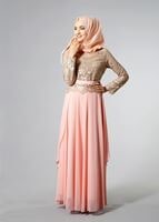 Tesettür giyim PUDRA SİMLİ DANTEL ABİYE ELBİSE 7106 