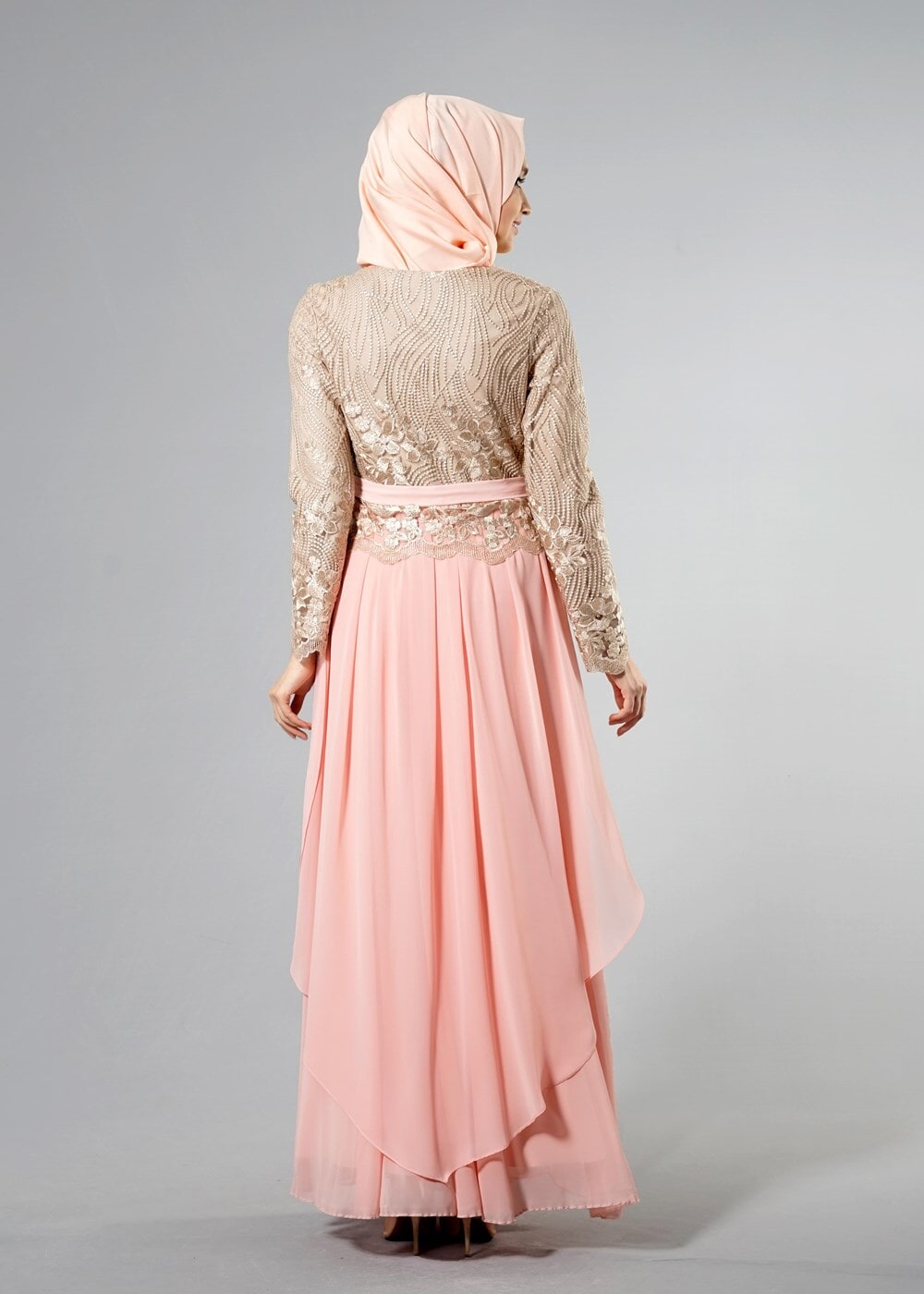 Tesettür giyim PUDRA SİMLİ DANTEL ABİYE ELBİSE 7106 