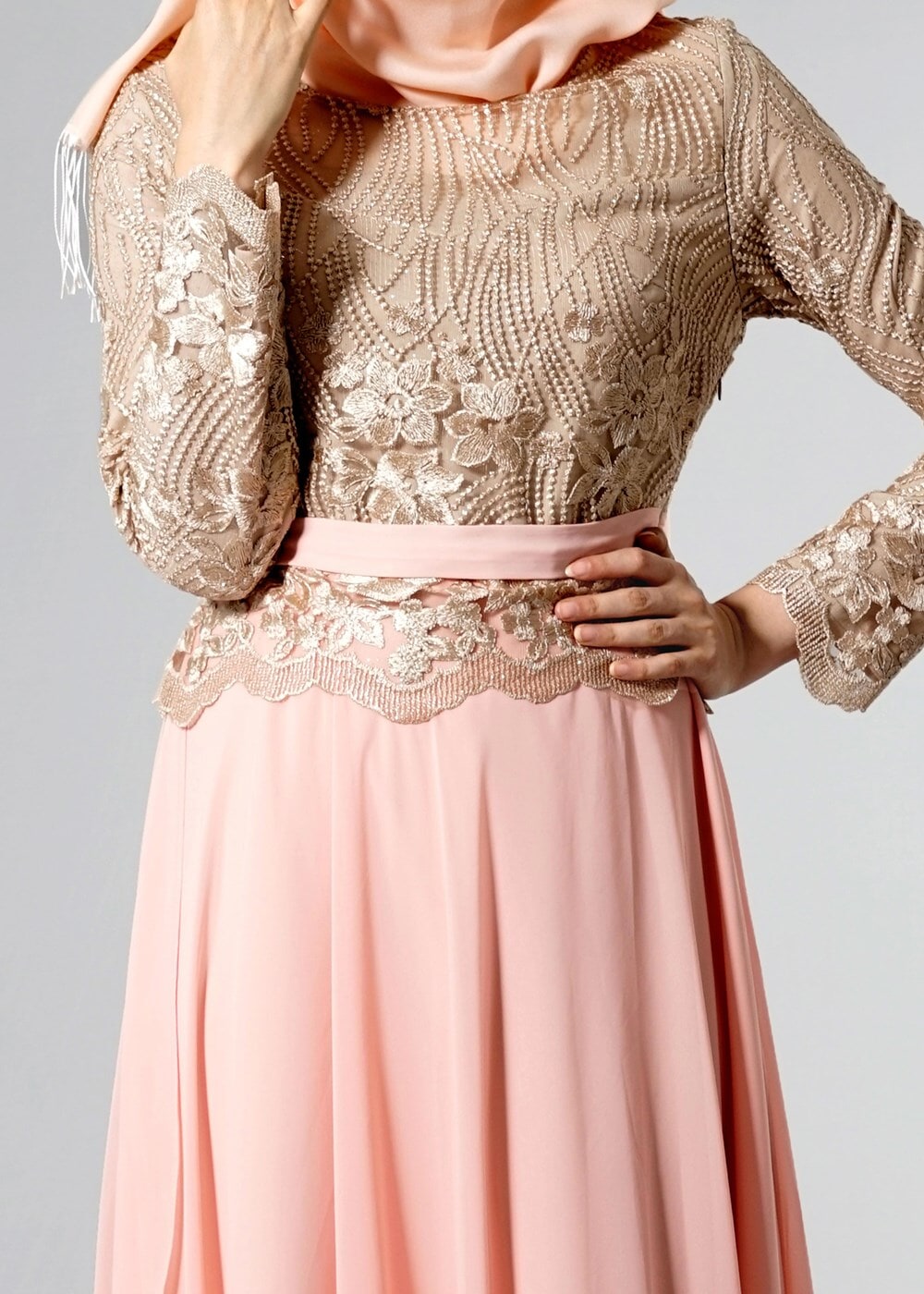 Tesettür giyim PUDRA SİMLİ DANTEL ABİYE ELBİSE 7106 