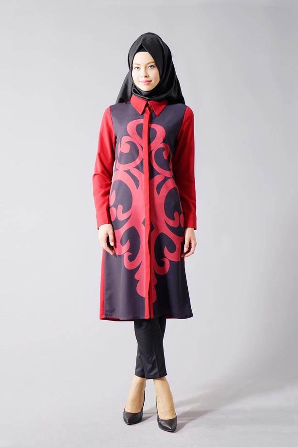 Vêtements hijab  T 435 Duay Dijital Baskılı Önden Düğmeli Tunik - TRENDTESETTÜR