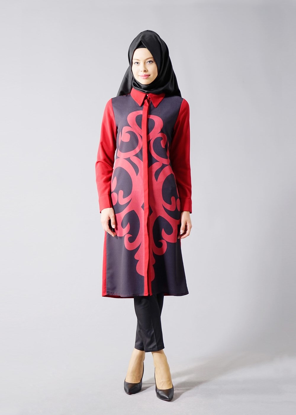 Vêtements hijab ROUGE BORDEAUX T 435 Duay Dijital Baskılı Önden Düğmeli Tunik