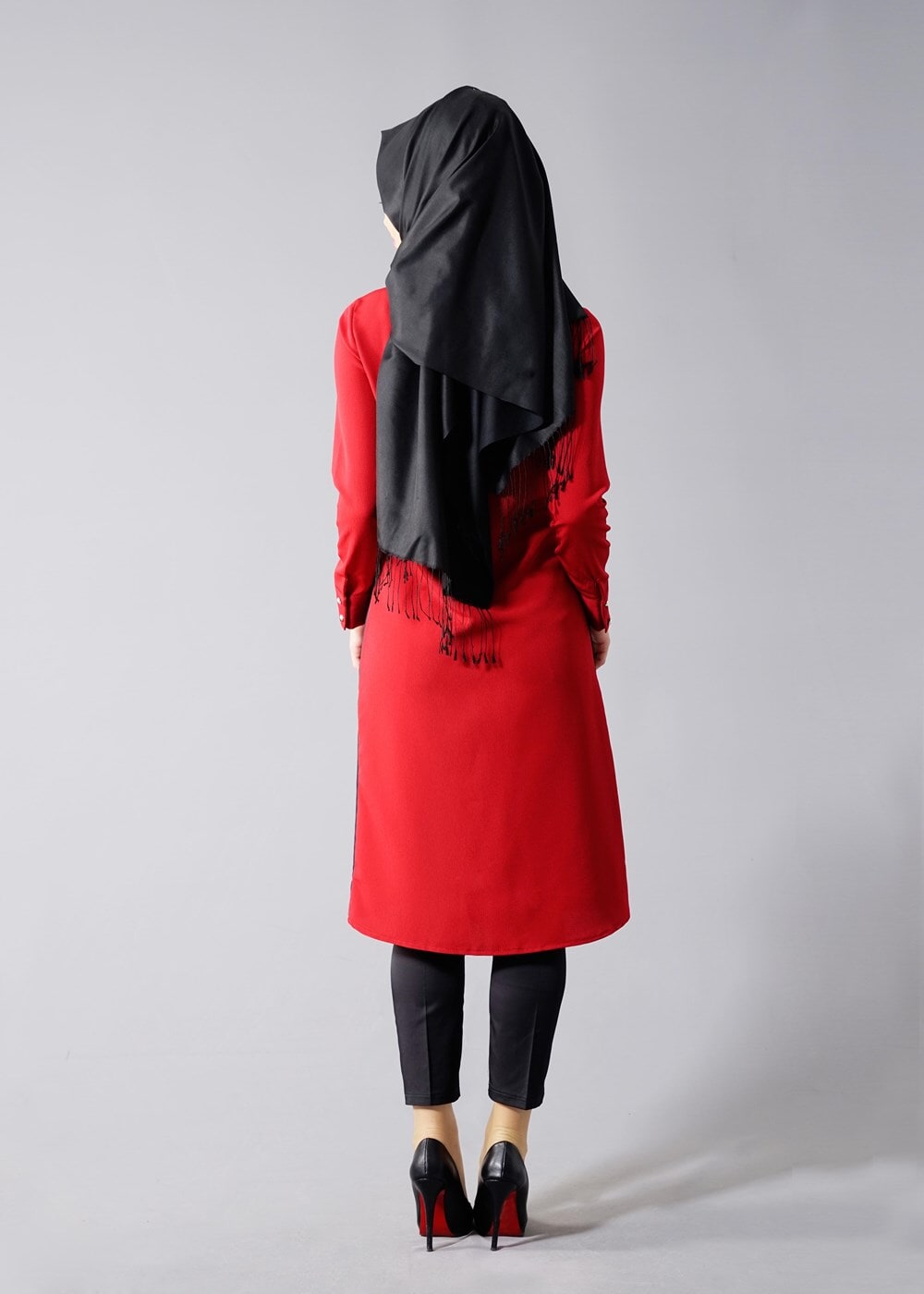 Vêtements hijab ROUGE BORDEAUX T 435 Duay Dijital Baskılı Önden Düğmeli Tunik