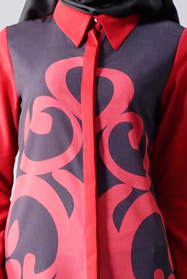 Vêtements hijab  T 435 Duay Dijital Baskılı Önden Düğmeli Tunik - TRENDTESETTÜR