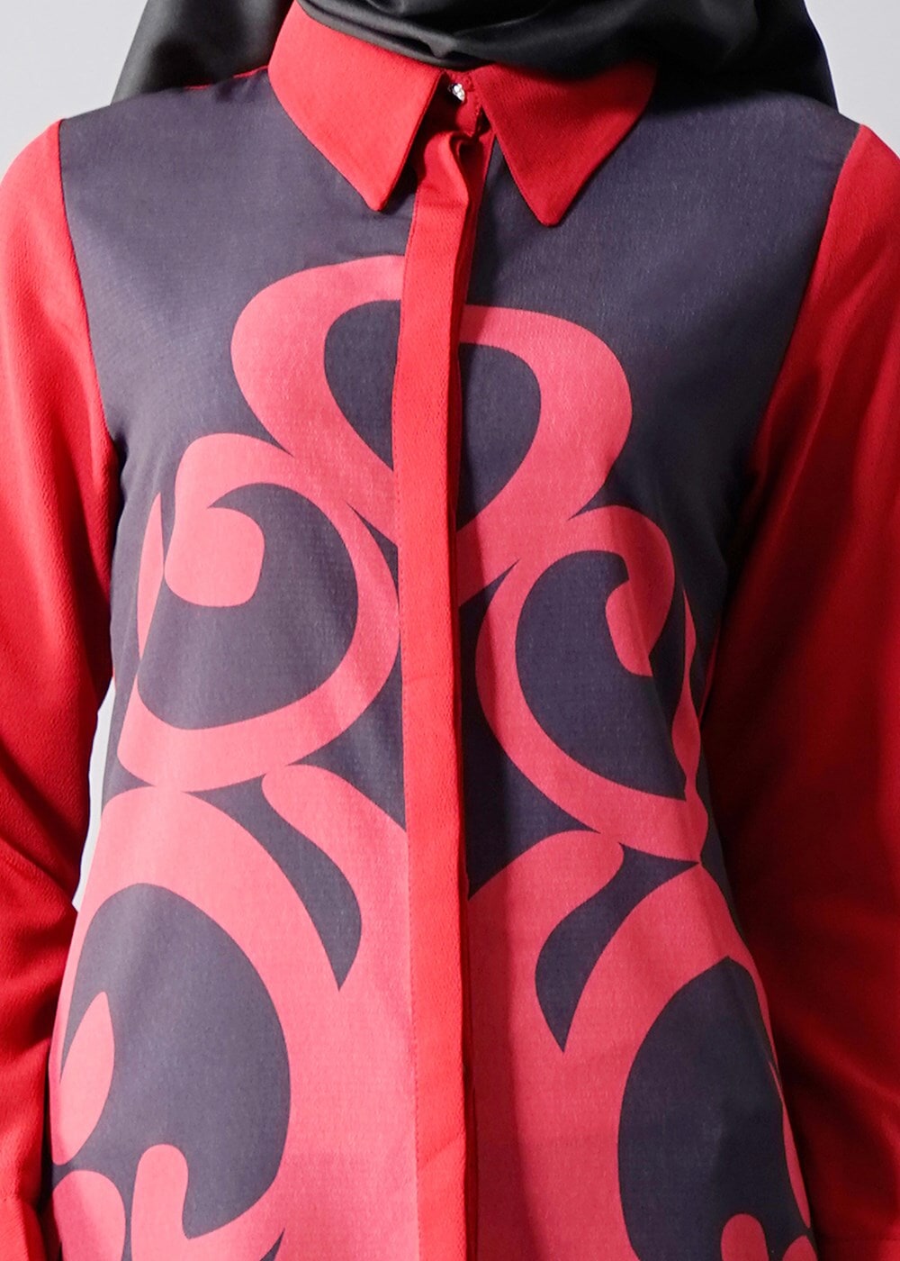 Vêtements hijab ROUGE BORDEAUX T 435 Duay Dijital Baskılı Önden Düğmeli Tunik