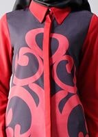 Vêtements hijab ROUGE BORDEAUX T 435 Duay Dijital Baskılı Önden Düğmeli Tunik