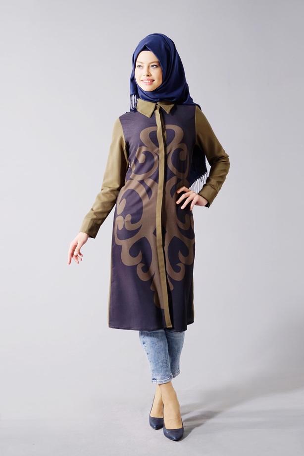 Vêtements hijab  T 435 Duay Dijital Baskılı Önden Düğmeli Tunik - TRENDTESETTÜR