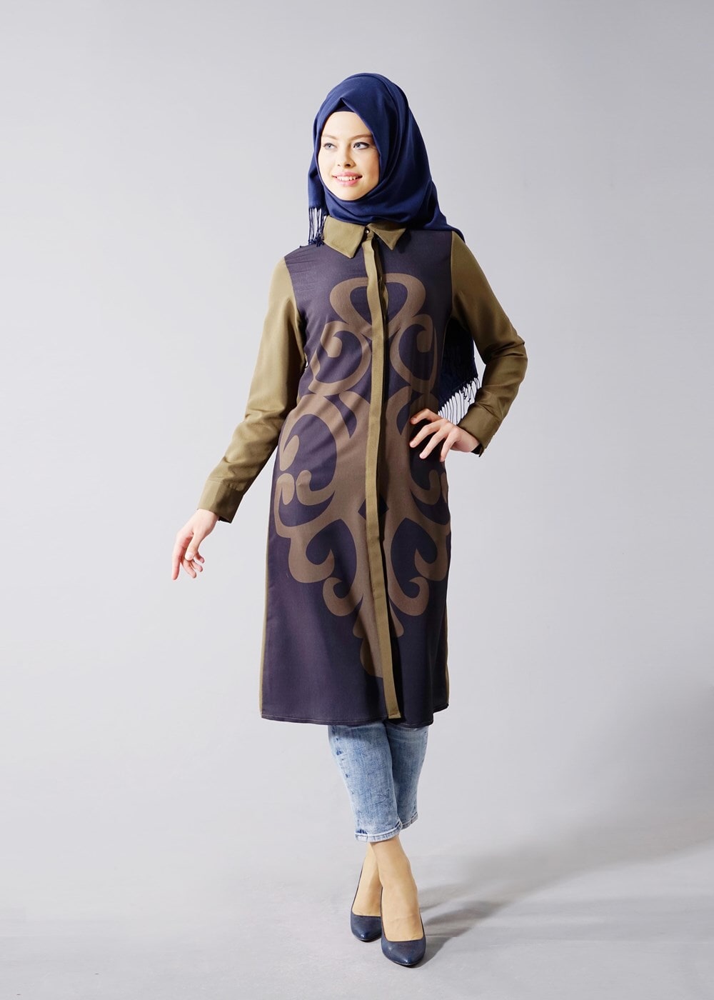 Vêtements hijab KAKI T 435 Duay Dijital Baskılı Önden Düğmeli Tunik