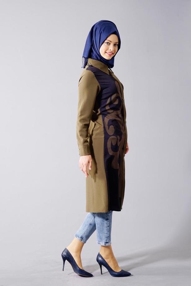 Vêtements hijab  T 435 Duay Dijital Baskılı Önden Düğmeli Tunik - TRENDTESETTÜR