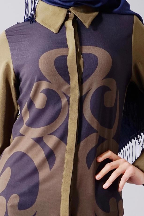 Vêtements hijab  T 435 Duay Dijital Baskılı Önden Düğmeli Tunik - TRENDTESETTÜR