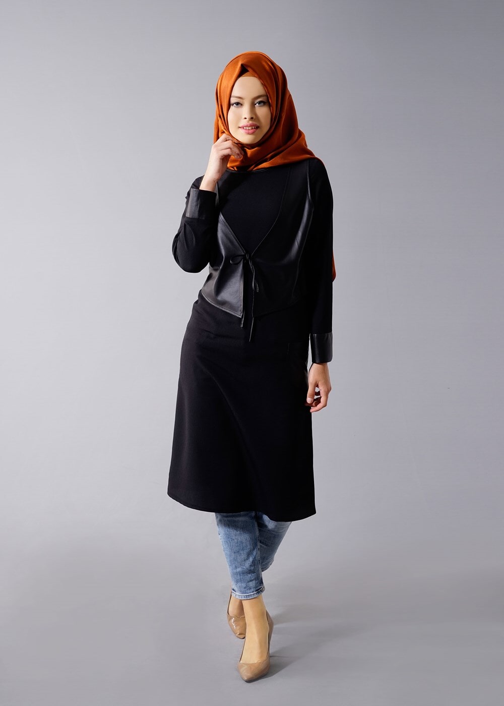 Vêtements hijab NOIR T 454 Duay Deri Detaylı Tesettür Tunik