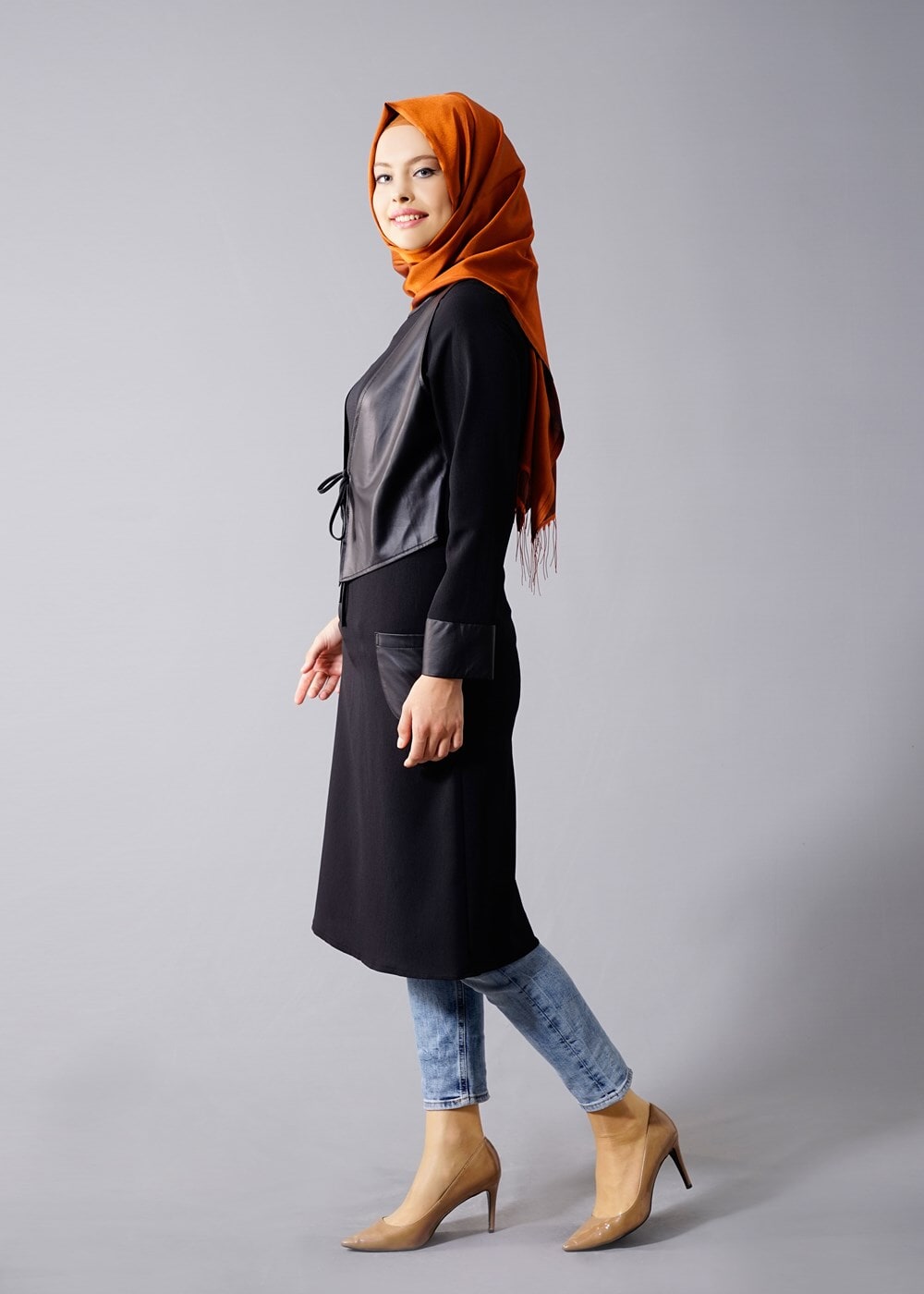 Vêtements hijab NOIR T 454 Duay Deri Detaylı Tesettür Tunik