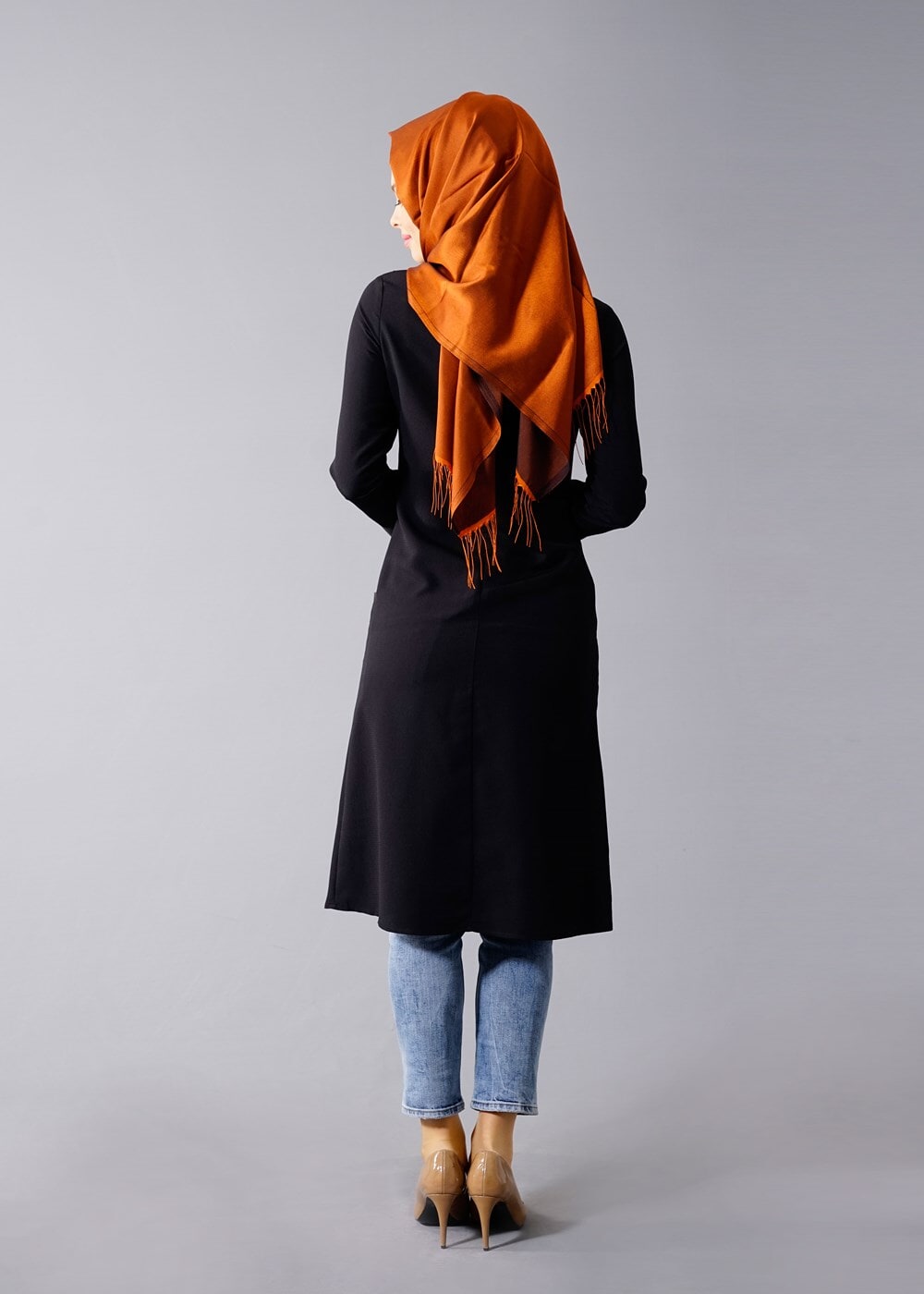 Vêtements hijab NOIR T 454 Duay Deri Detaylı Tesettür Tunik