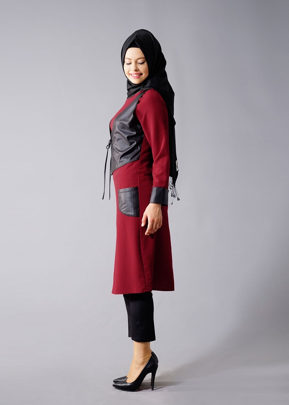 Vêtements hijab ROUGE BORDEAUX T 454 Duay Deri Detaylı Tesettür Tunik