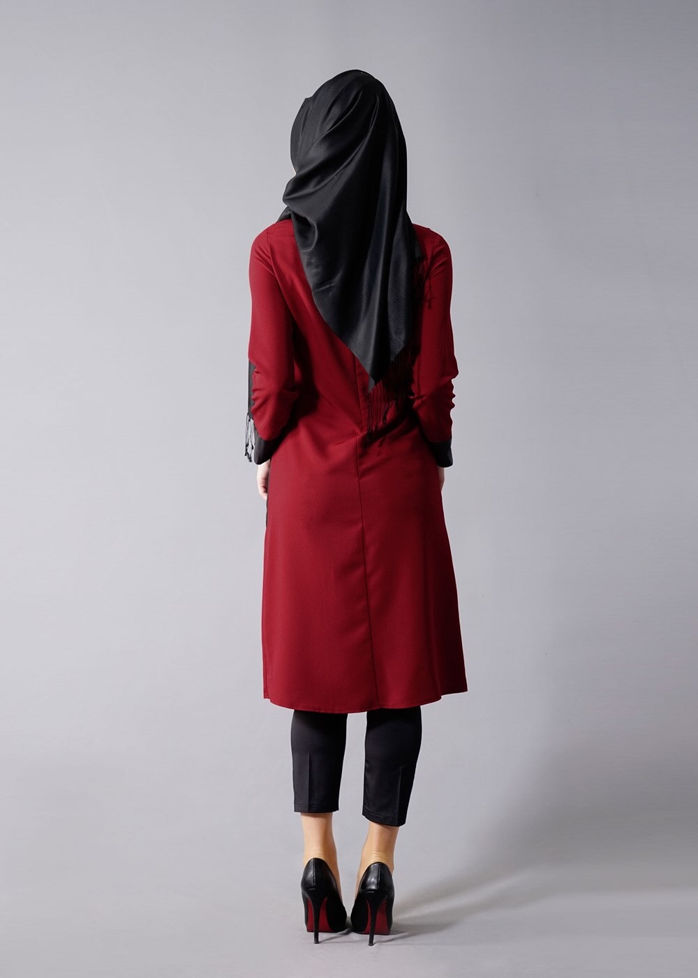 Vêtements hijab ROUGE BORDEAUX T 454 Duay Deri Detaylı Tesettür Tunik