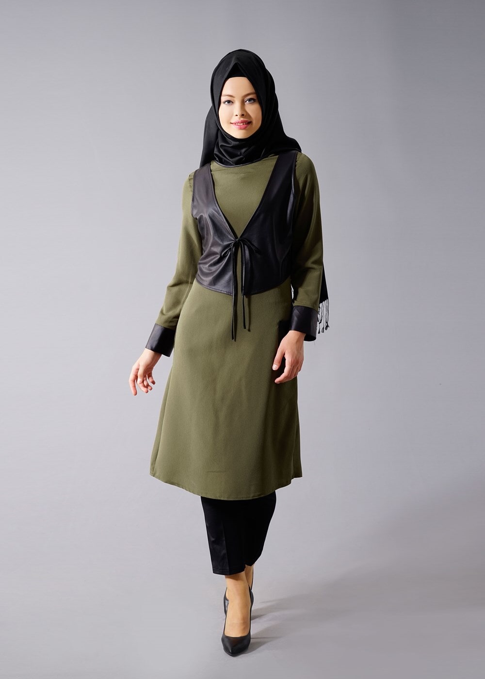 Vêtements hijab KAKI T 454 Duay Deri Detaylı Tesettür Tunik