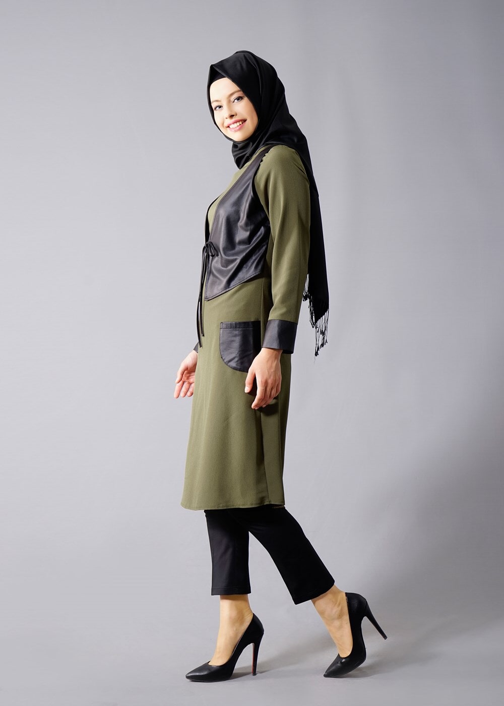 Vêtements hijab KAKI T 454 Duay Deri Detaylı Tesettür Tunik