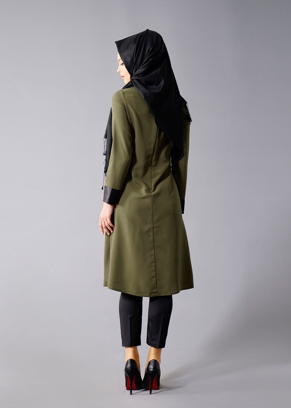 Hijab clothing KHAKI T 454 Duay Deri Detaylı Tesettür Tunik