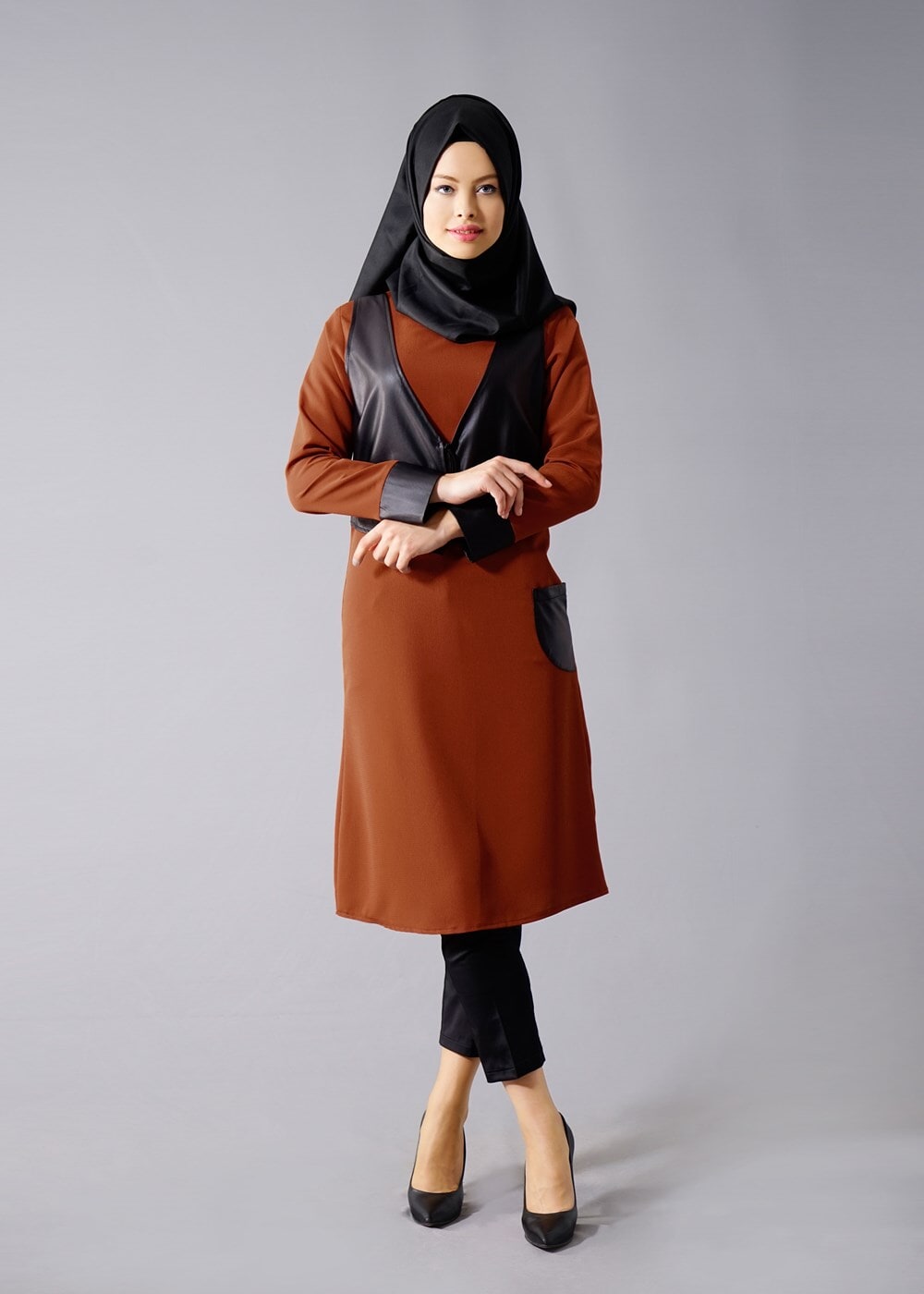 Vêtements hijab BRUN T 454 Duay Deri Detaylı Tesettür Tunik