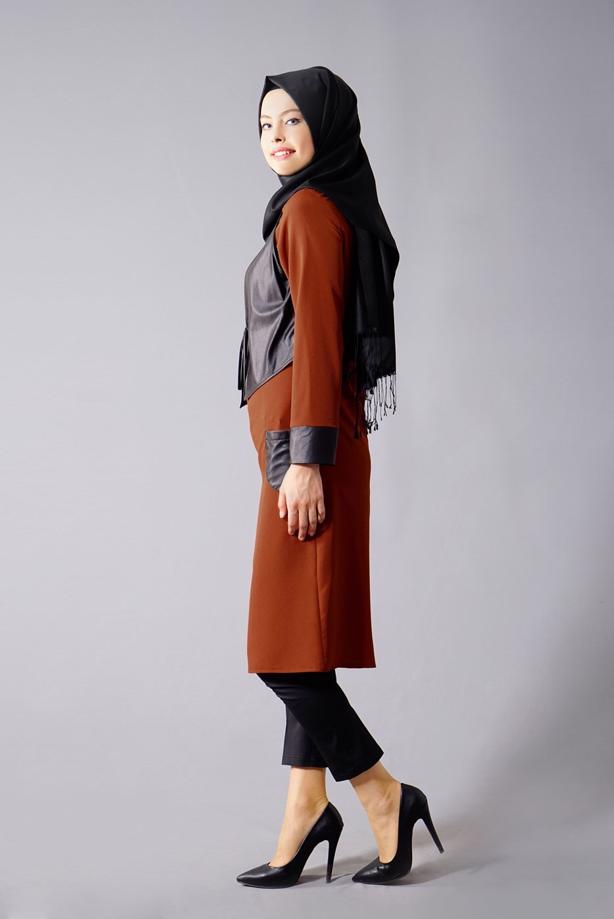 Vêtements hijab  T 454 Duay Deri Detaylı Tesettür Tunik - TRENDTESETTÜR