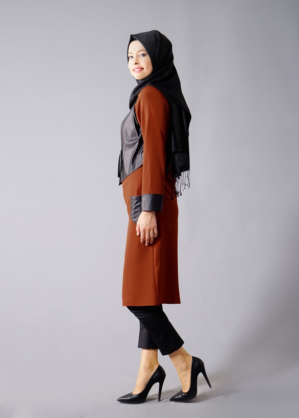 Vêtements hijab BRUN T 454 Duay Deri Detaylı Tesettür Tunik