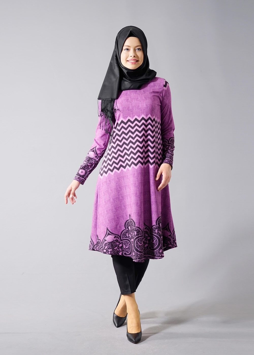 Vêtements hijab POURPRE T 537 Duay Mevlana Kesim Desenli Tunik