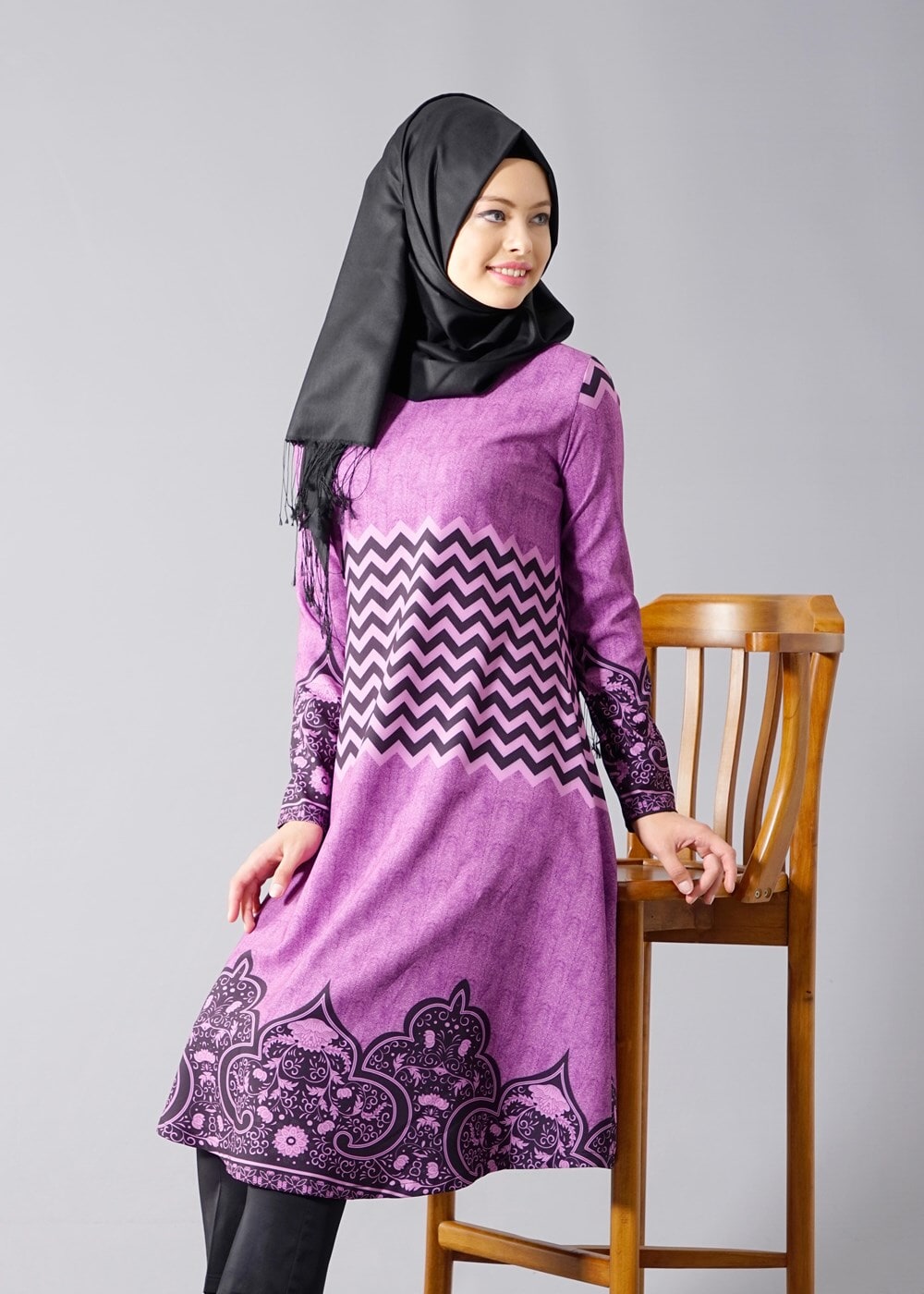 Vêtements hijab POURPRE T 537 Duay Mevlana Kesim Desenli Tunik