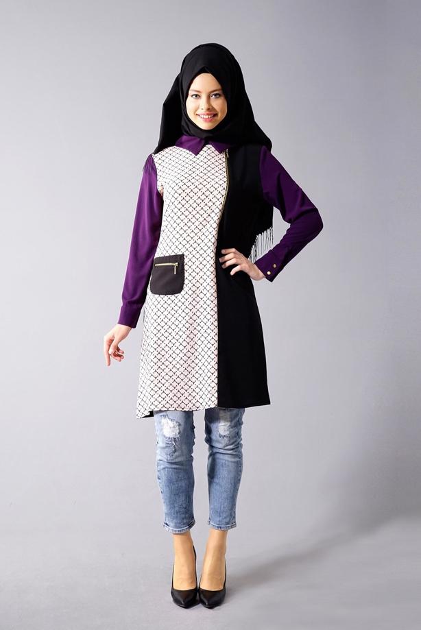 Vêtements hijab  T 547 Duay Cep Detaylı Desenli Tunik - TRENDTESETTÜR