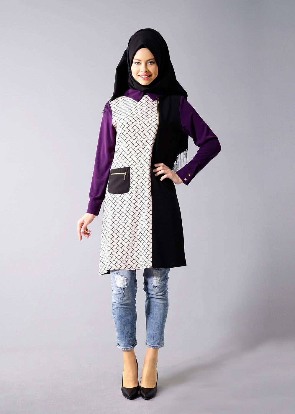 Vêtements hijab POURPRE T 547 Duay Cep Detaylı Desenli Tunik