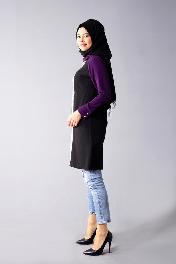 Vêtements hijab  T 547 Duay Cep Detaylı Desenli Tunik - TRENDTESETTÜR