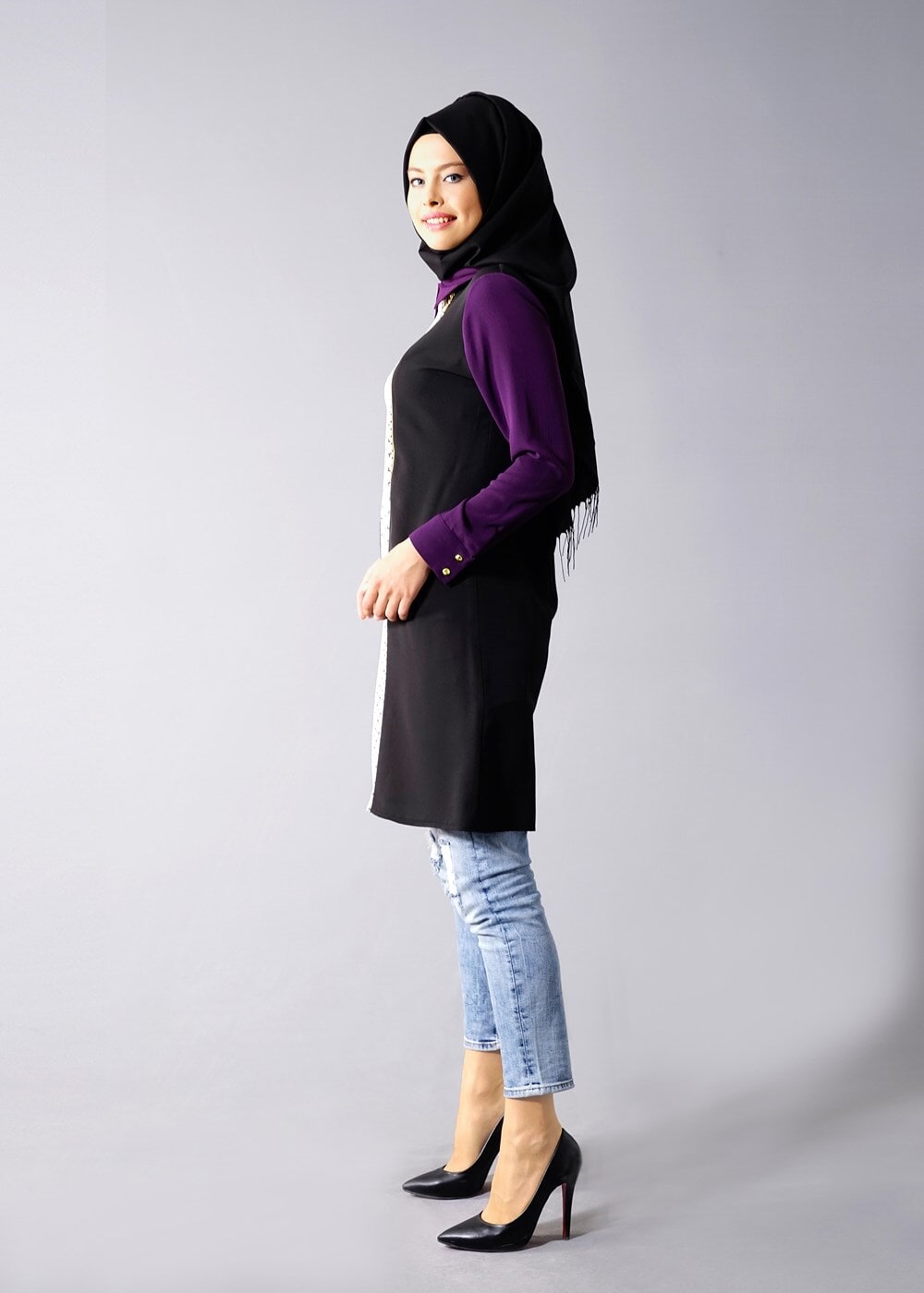 Vêtements hijab POURPRE T 547 Duay Cep Detaylı Desenli Tunik