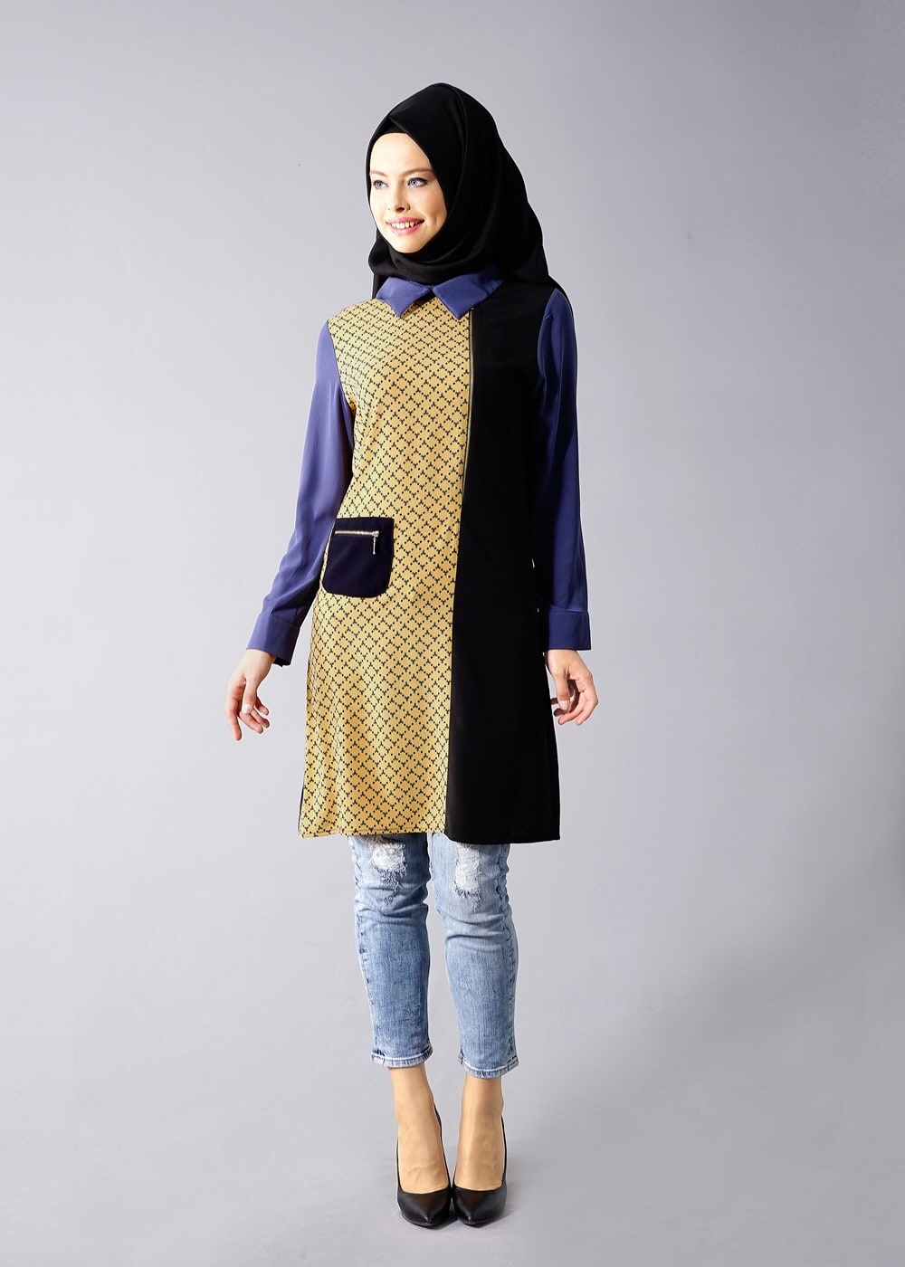 Hijab clothing NAVY BLUE T 547 Duay Cep Detaylı Desenli Tunik