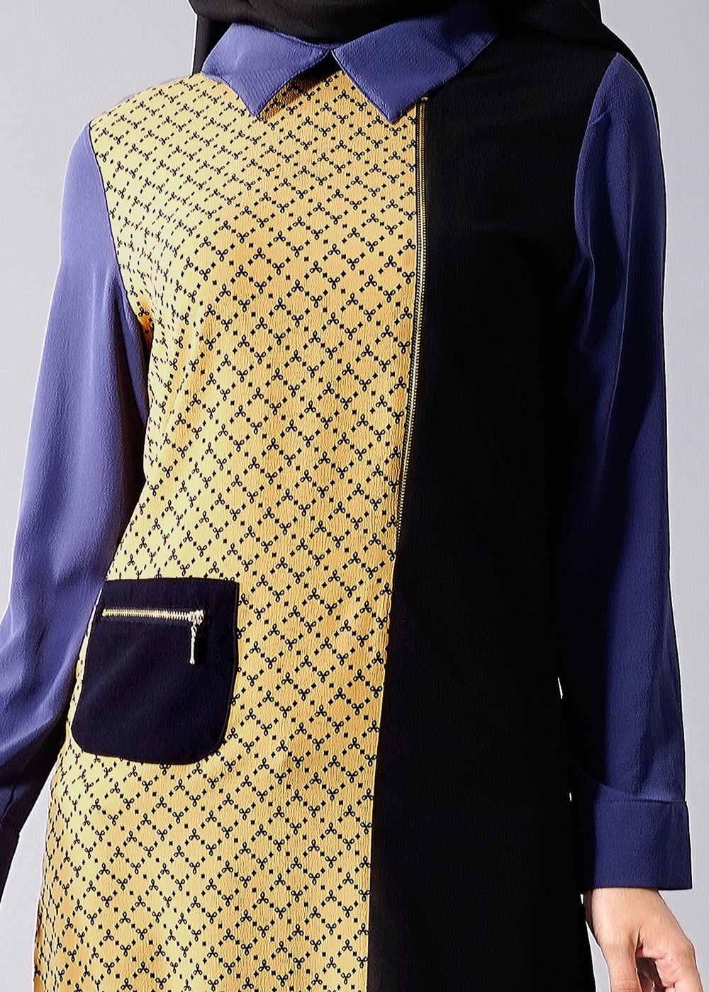 Vêtements hijab BLEU MARINE T 547 Duay Cep Detaylı Desenli Tunik