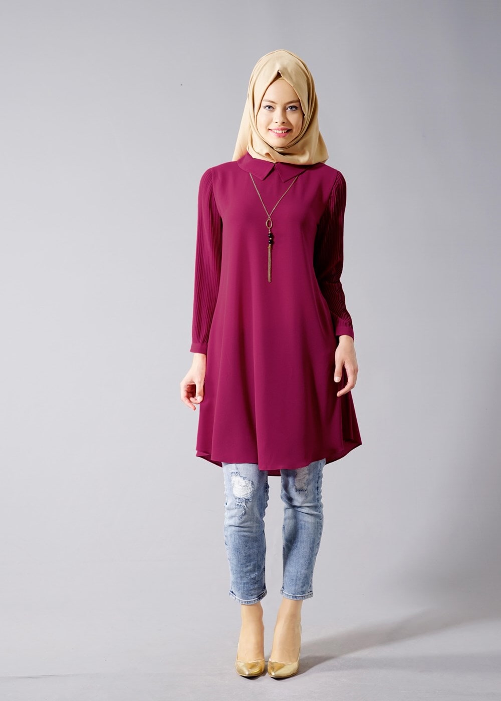 Vêtements hijab FUCHSIA T 584 Duay Pilise Detaylı Tunik