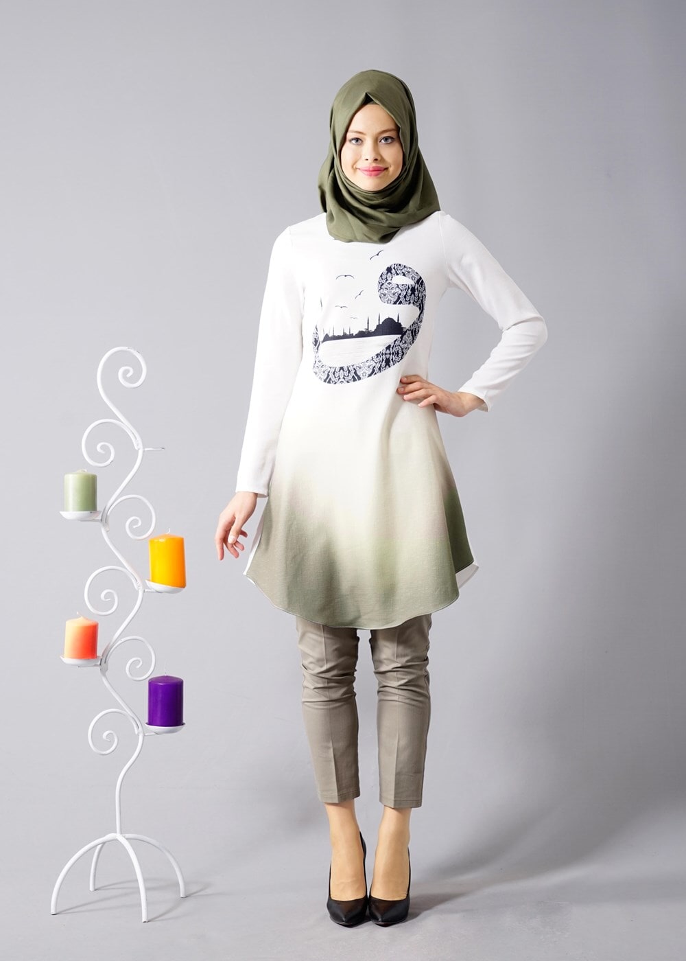 Vêtements hijab CRÈME T 610 Duay Vav Desenli Tunik