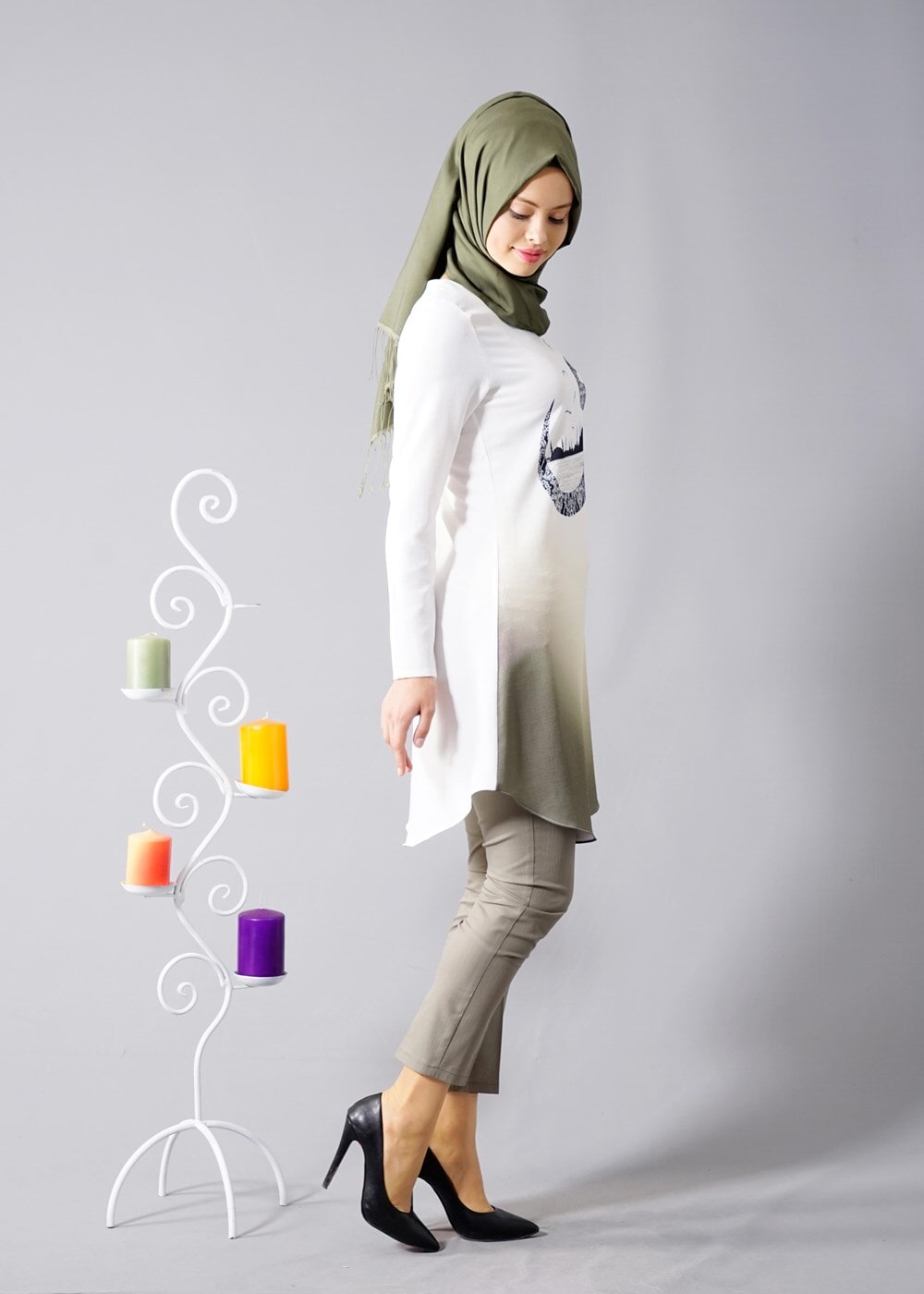 Vêtements hijab CRÈME T 610 Duay Vav Desenli Tunik