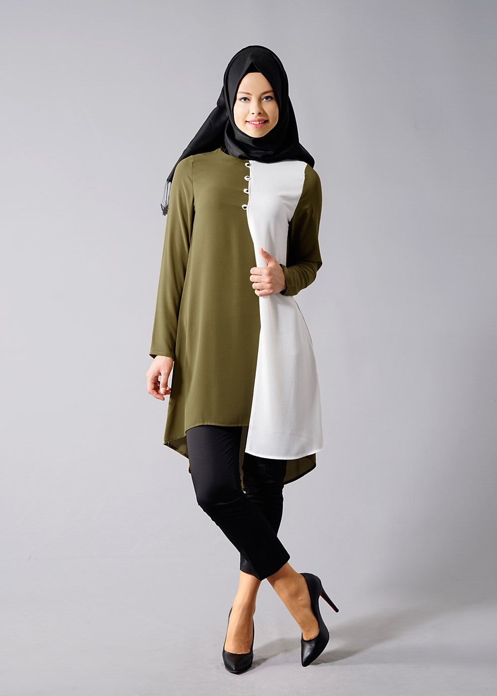 Vêtements hijab VERT T 616 Duay Garnili  İki  Renk Tunik