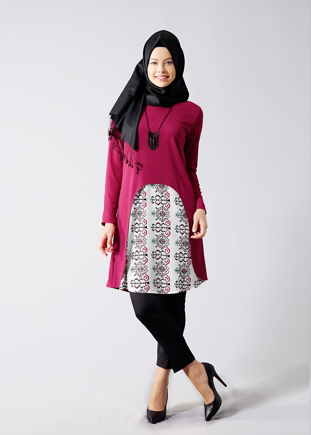 Vêtements hijab FUCHSIA T 618 Duay Etnik Desenli Tunik