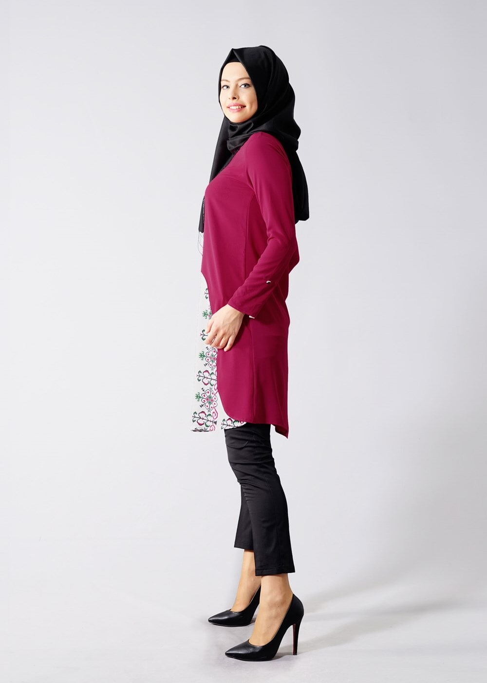 Vêtements hijab FUCHSIA T 618 Duay Etnik Desenli Tunik