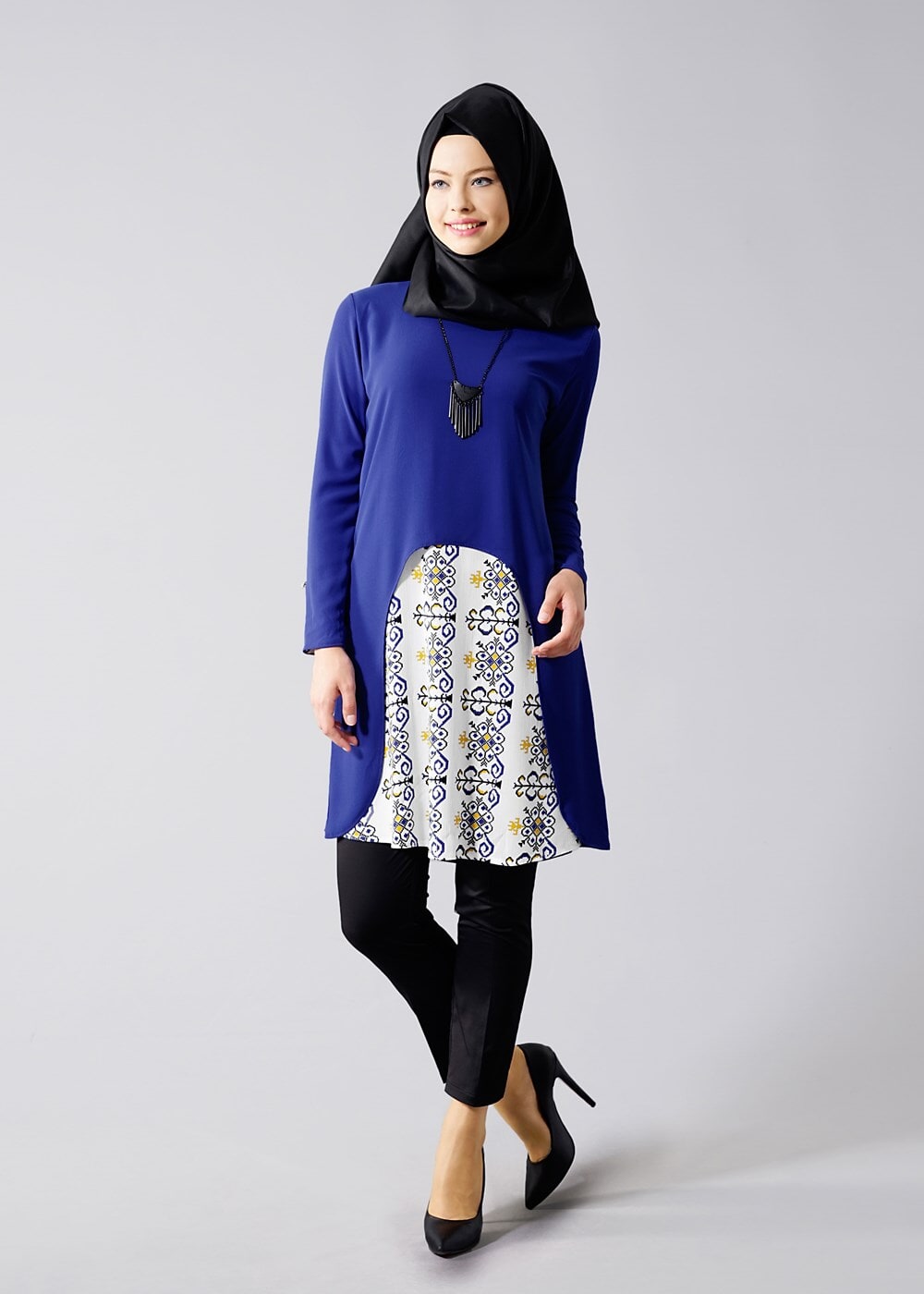 Vêtements hijab BLEU MARINE T 618 Duay Etnik Desenli Tunik