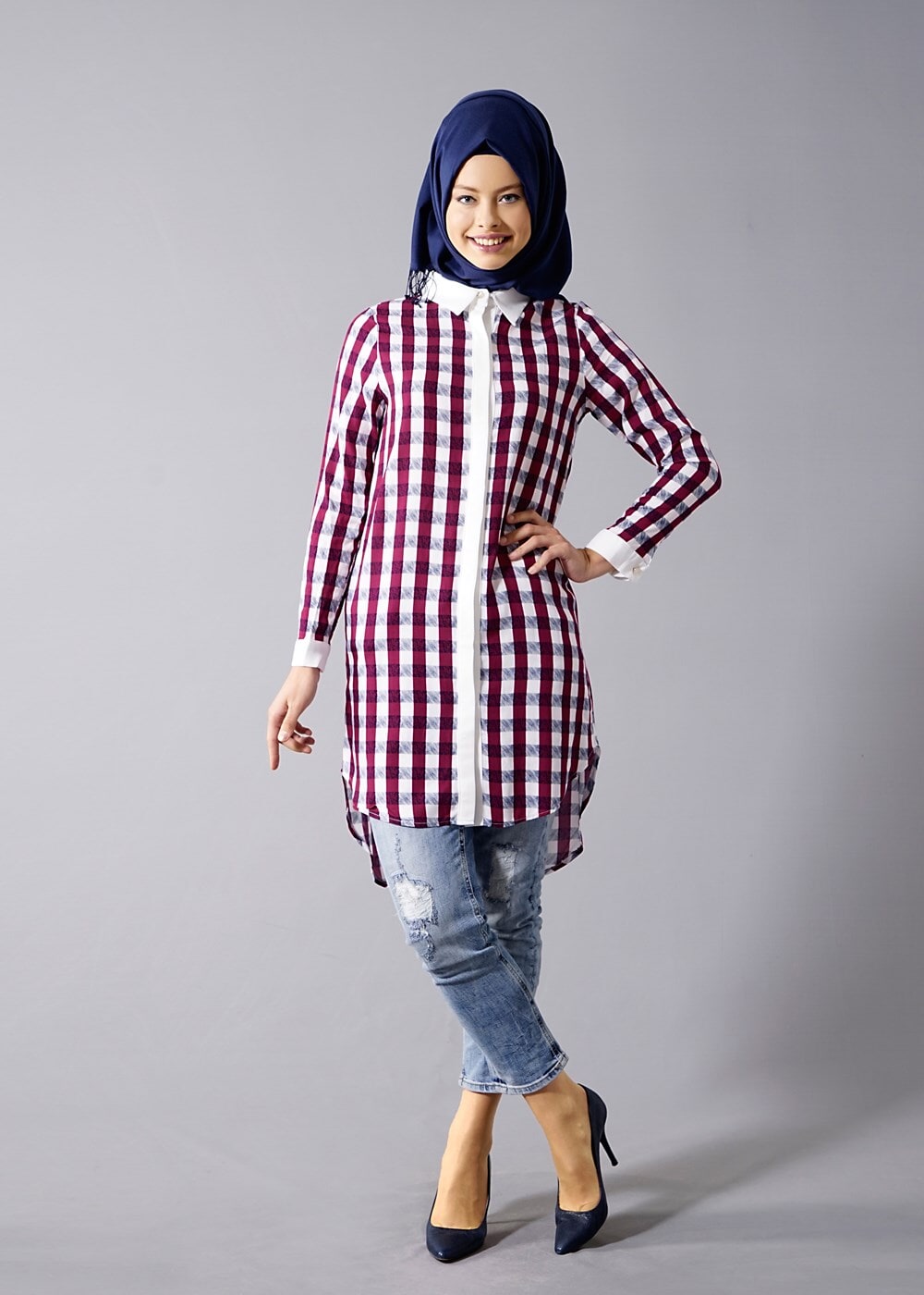 Vêtements hijab POURPRE T 667 Duay Ekose Desenli Tunik