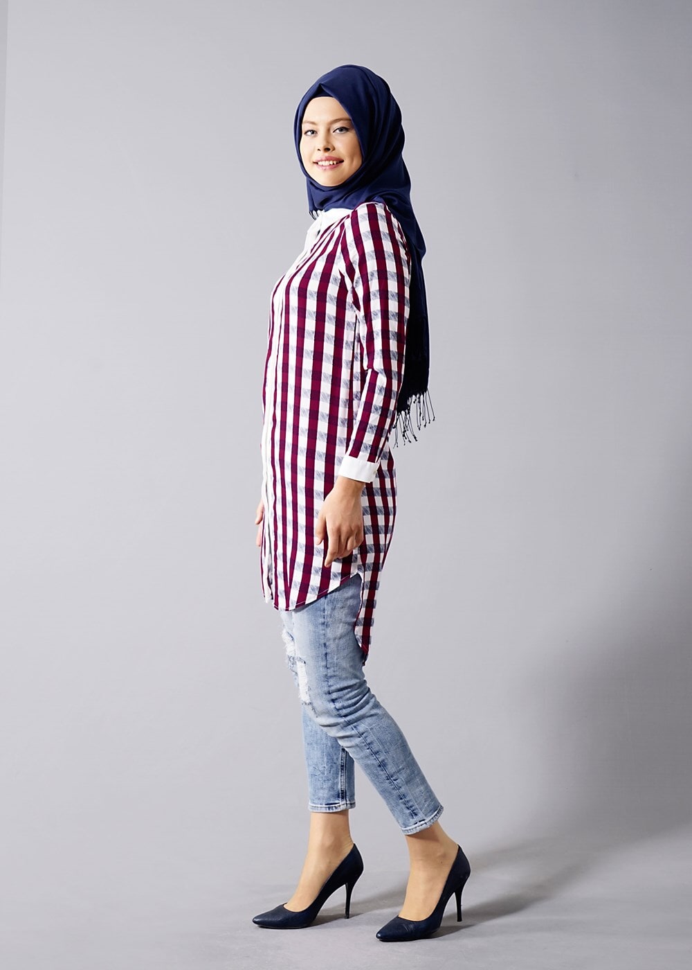 Vêtements hijab POURPRE T 667 Duay Ekose Desenli Tunik