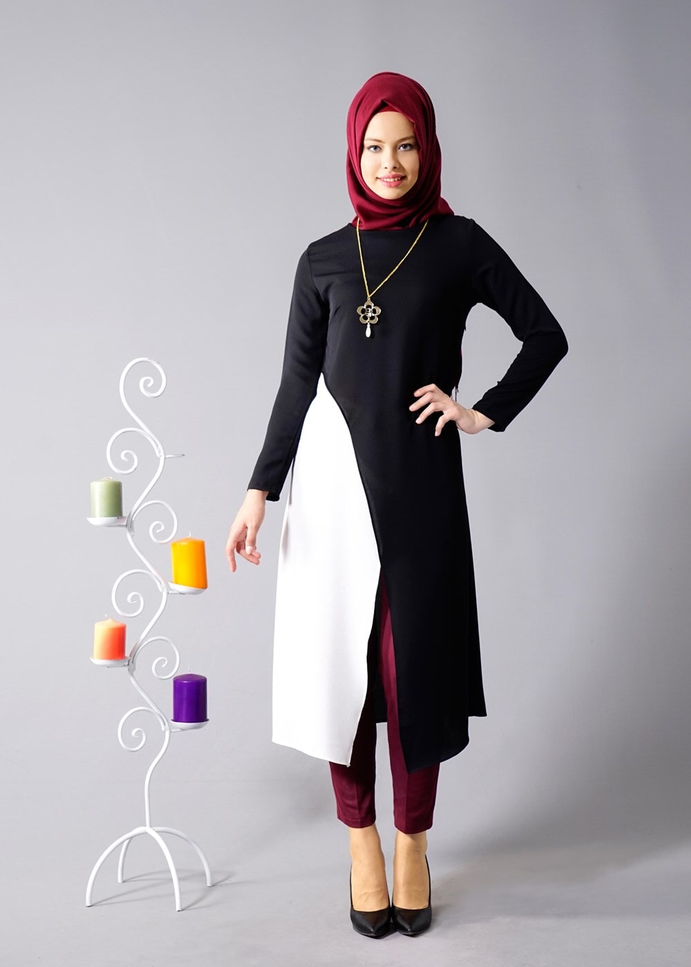 Tesettür giyim SİYAH T 684 Duay Çift Renkli Tunik
