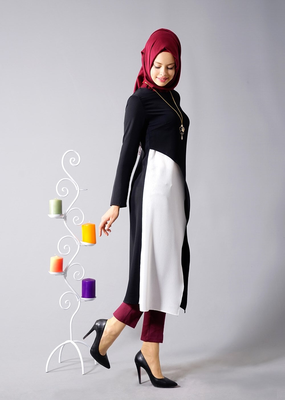Vêtements hijab NOIR T 684 Duay Çift Renkli Tunik